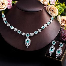 Necklace Earrings Set Luxury Cubic Zirconia Wedding Jewellery For Women CZ Green Crystal 2PCS Sets Bridal Party Prom Accessories