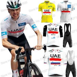 Cycling Jersey Sets TDF UAE Team 2023 Set Short Sleeve Tadej Pogacar White Clothing Road Shirts Suit Bicycle Bib Shorts MTB Maillot 230801