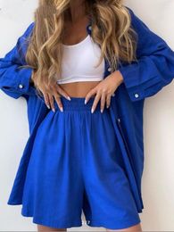 Women's Tracksuits Autumn Women 2 Piece Set Casual Cotton And Linen Solid Blouse Shorts Long Sleeved Top Outfit Sportswear Short Sets 2023