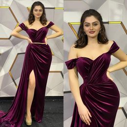 Elegant Purple Evening Dresses Velvet Off Shoulder Party Prom Dress Pleats Split Long Dress for special occasion