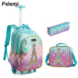 School Bags Children School Bags For Girls With Wheels Trolley Bag with Lunch Bag Schoolbag Set Teenagers Backpack Set Wheeled Backpack 230801