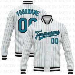 Men's Jackets Custom White Teal Pinstripe Teal-Black Bomber Full-Snap Varsity Letterman Jacket Baseball Button Jacket 230731