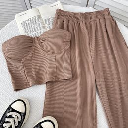 Women's Sleepwear Pyjamas Set Spring Two Piece Sets Strapless Cropped Top Pantsuits Cotton Home Wear Loose Nightwear Suit