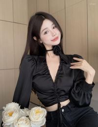 Women's Blouses Chiffon Shirt Autumn Three-Dimensional Flower French V-neck Elegant Long-sleeved Korean Style Fashion Short Top