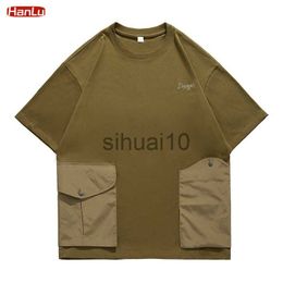 Men's T-Shirts 300g Summer Tops Mens Oversized -Pockets T shirt Embroidery Cargo Short Sleeve Tees Streetwear Fashion Loose Blue T-shirts J230731