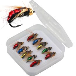 Baits Lures A Set 14 Brass Bead Head Fast Sinking Nymph Scud Fly Bug Worm Trout Fishing Flies Artificial Insect Bait Lure 230801