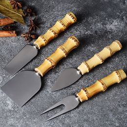 20Set/Lot Stainless Steel Bamboo Root Wood Fruit Fork Toast Pizza Cutter Cake Cream Butter Spreader Mini Cheese Knife