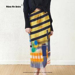 Skirts Miyake Pleated Yellow Black Stripe Print Floral Straight Midi Long Design Vintage High Quality OL Jupe VP0019