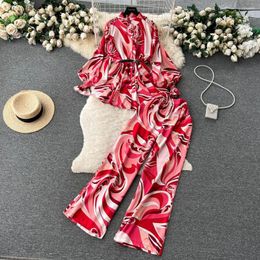 Women's Two Piece Pants Fashionable Printing Set Design Sense Lantern Long Sleeved Shirt Elastic Waist Straight Tube Wide Leg