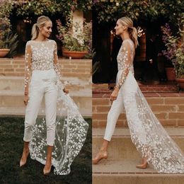 Bohemian Lace Wedding Dress with Jumpsuit 2020 Modest Long Sleeve Backless Jewel Countryside Beach Bride Pant Suit with Train259D