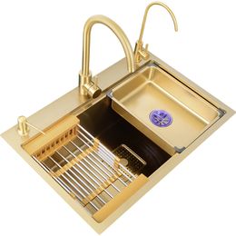 RLL Golden Kitchen Sink Stepped Nano Large Single Tank 304 Stainless Steel Sink Household Fruit And Vegetable Cleaning Pool