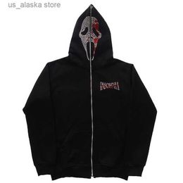 Men's Hoodies Sweatshirts Rhinestone Zip Hoodie demon goth Sweatshirt Sport Coat Pullover Gothic Y2k Long Sleeve Oversized hoodie jacket hoodies emo T230803