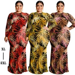 Arab Dubai Plus Size Long Dress Tight-Fitting Sexy Bag Hip Hollow Waistband Dress Long Sleeves Leaf Print Long Women's Dress 247j