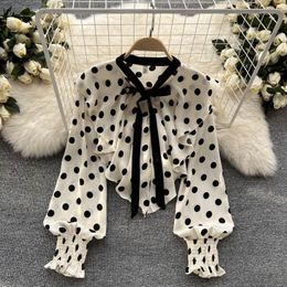 Women's Blouses Chic Puff Long Sleeve Dots Print Ruffle Blouse Elegant Korean Fashion Crop Top Sexy Shirt Sweet Spring Autumn Women Clothing