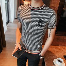 Men's T-Shirts British Style Houndstooth Plaid Knitted T-shirt Men's Summer Short Sleeved Slim Fit Round Neck Men Embroidery Tee Shirt 4XL-M J230731
