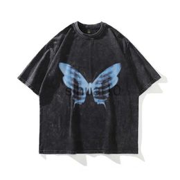 Men's T-Shirts Gothic T Shirts Men Blue Butterfly Skeleton Printed Washed Cotton Tops Vintage Short Sleeve Oversized Hiphop Streetwear T-shirts J230731