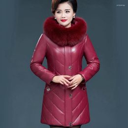 Women's Leather Winter Women Overcoat Mid Length Version Coat Large Size Slim Outwear Thick Warm Fur Collar Jacket Hooded Parkas