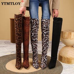 Boots Ladies Fashion Leopard Print Over Knee Boots Autumn Winter High Boots Pointed Toe Stretch Fabric Ladies High Heels Bottes Femme 230801