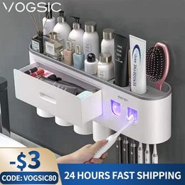Toothbrush Holders Magnetic Adsorption Toothbrush Holder Waterproof Storage Box 2/3/4 Cup Toothpaste Dispenser Wall Mounted Bathroom Accessories 230731