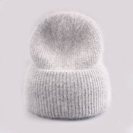 Wide Brim Hats Bucket Xthree Winter Hat for Women Angola Beanie Knitted Rabbit Fur Skullies Warm Bonnet Cap Female Girl 230801