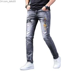 Men's Jeans Fashion 2021 Luxury Brand Men Jeans Distressed Ripped Embroidered Denim Men Pants Slim Fit Smoke Grey Casual Cowboy Long Trouser7775857 Z230801