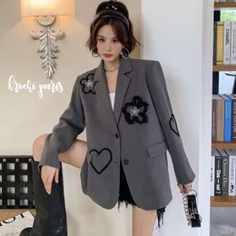 Women's Suits Flower Embroidery Coats Single Breasted Long Sleeve Casual Loose Blazers 2023 Spring Autumn All Match Pockets Blazer Women