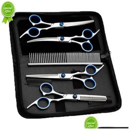Dog Grooming 5Pcs/Set Stainless Steel Pet Dogs Scissors Suit Hairdresser For Professional Animal Barber Cutting Tools Drop Delivery Dh6Oc