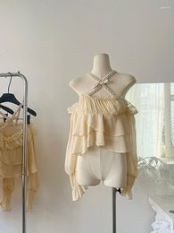 Women's Blouses Fashion Yellow Casual Shirts Slash Neck Suspender Beach Butterfly Sleeve Bow Sweet Gyaru Summer Y2k Coquette Trend