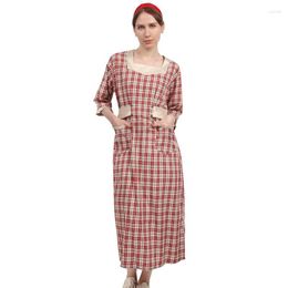 Casual Dresses DAZCOS 2023 1920s Vintage Plaid Printed Shirt Robe Holiday Loose Midi Vestidos 3/4 Sleeve Frock With Belt And Pockets