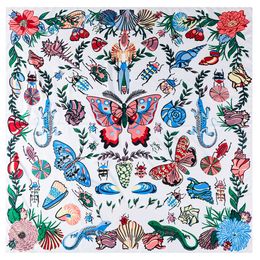 Scarves 130cm Twill Silk Big Butterfly Insect Print Female Headscarf Shawl Scarf Neck Gaiter Kerchief Sunscreen Head Scarves Beach Towel 230731