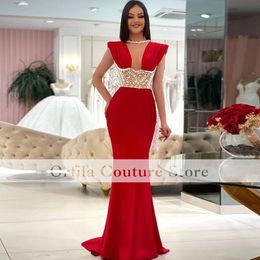 Red Arabic Dubai Evening Dresses Pearls Beads Mermaid Prom Gowns Ceremony Guest Dress Party Wear