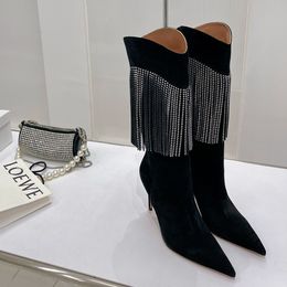 Amina muaddi Begum salto stiletto botas altas strass apontou toe deslizamento-em borla botas joelho-bota alta designers de luxo botas femininas