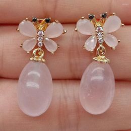 Stud Earrings YYGEM Natural Teardrop Egg Rose Quartz Pink Crystal Butterfly Gold Filled Cute Style For Girl Women