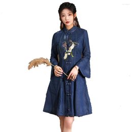 Casual Dresses Women Fashion Style V-Collar Flare Sleeves Bird Embroidery Mini Denim Dress Button Designed Cotton Jeans Blue FS1372