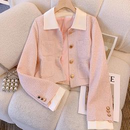 Women's Jackets 2023 Autumn Winter Small Fragrance Fashion Sequined Pink Plaid Tweed Jacket Coat Female Casual OL Long Sleeve Outerwear