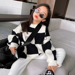 Cardigan Spring Autumn Girls Sweater Baby Knitwear Kids Knit Tops Children Clothes Toddler Streetwear Black White Cheque 4 To 13 Yrs J230801