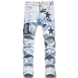 Men's Jeans Jeans with holes and embroidery Pentagram trend, elastic and slim fitting Slim-fit pants, versatile men's pants