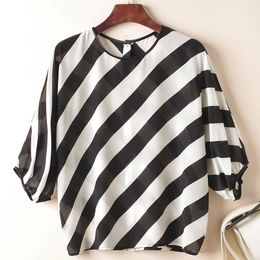 Women's Blouses Real Silk Black Blouse 2023 Summer Elegant Shirts Fashion For Women Loose Tops Woman Casual Striped Shirt