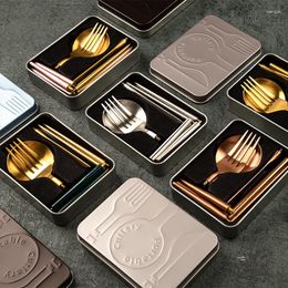 Dinnerware Sets Stainless Steel Cutlery Camping Set Reusable Gold Silverware Gift Collapsible Tableware With Metal Box