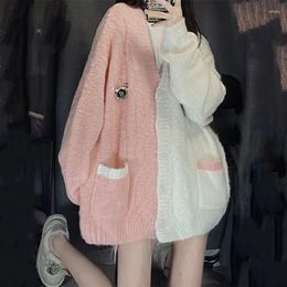 Women's Sweaters Sweet College Style Pink White Kawaii Sweater Women Patchwork Autumn Winter Lazy Student Couple Ins Knitted Cardigan With