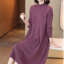 Casual Dresses Women 2023 Autumn Winter Embroidered Floral Knitted Dress Female Half High Collar Ladies Loose Sweater Vestidos M23