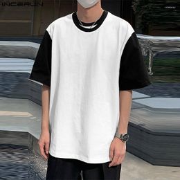Men's T Shirts INCERUN Tops 2023 Korean Style Mens Black&White Contrast Stitching T-shirts Casual Male Double Neck Short Sleeved Camiseta