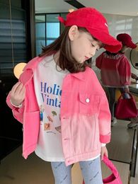 Jackets 1-8 Years Kids Girls Gradient Tie-dye Pink Denim Jacket Toddler Baby Girl Long Sleeve Jean Jackets Streetwear Casual 230801