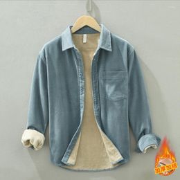 Men's Casual Shirts Denim Men Velvet Shirt Long Sleeve Soft Cotton Warm Linen Outside Solid Classic Jacket Street Daily Clothing