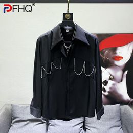 Men's Casual Shirts PFHQ Metal Chain Decorate Design Long Sleeve Shirt High Quality Elegant Stylish 2023 Solid Colour Original Tops Clothes