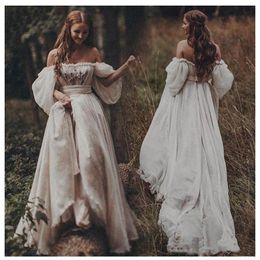 Vestido de noiva princesa ombro a ombro mangas bufantes com aplicação de coração vestidos de noiva linha A vestido de noiva Boho sem costas176p