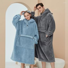 Men's Sleepwear Unisex Robes Men Winter Dressing Gown Warm Flce Robe Pullover Hooded Women Soft Bathrobe