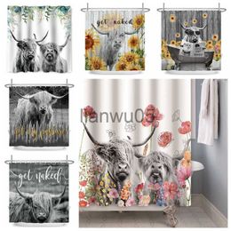 Shower Curtains Farmhouse Highland Cow Shower Curtain Funny Bull Cattle Floral Leaves Decor Country Style Bothroom Curtain Room Decor With x0731