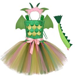 Girl s Dresses Green Kids Girls Dinosaur Cosplay Birthday Party Tutu for Baby Cartoon Princess Costumes Set Halloween 230731