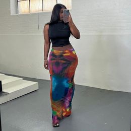 Skirts Woman Elastic Waist Midi Skirt Colorfull Tie Dye Printed A Line Bodycon Casual 2Color S-L